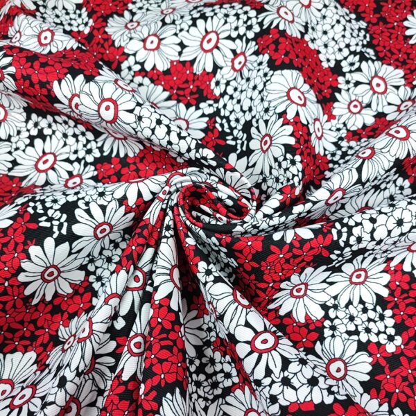 Tessuto Piquet di cotone a fantasia motivo floreale nero - rosso - bianco