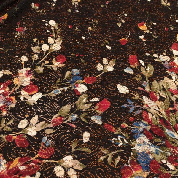 Tessuto pizzo elasticizzato a fantasia motivo floreale nero - bianco - bordeaux