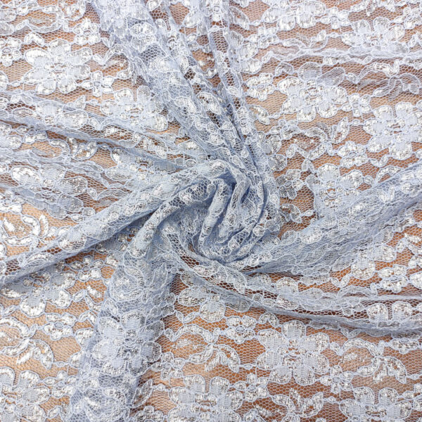 Tessuto pizzo elasticizzato lurex motivo floreale celeste - argento