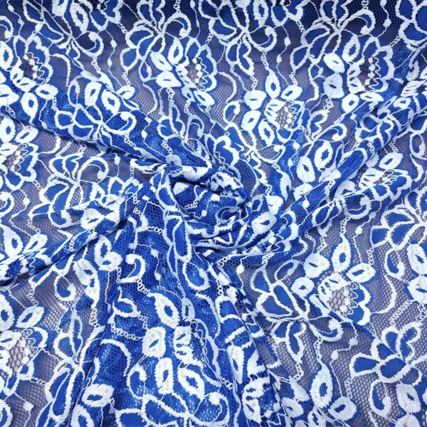 Tessuto pizzo elasticizzato motivo floreale bluette - bianco