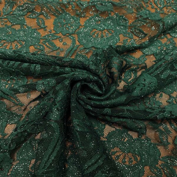 Tessuto pizzo elasticizzato motivo floreale lurex verde bottiglia