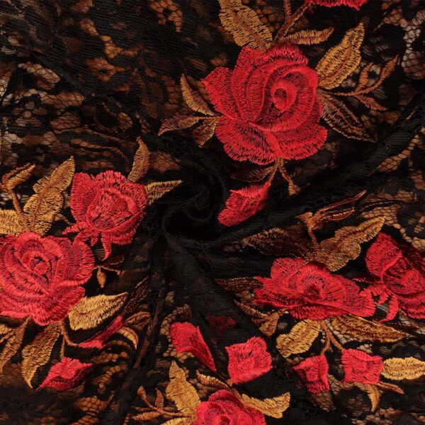 Tessuto pizzo rebrodè doppio smerlo ricamato motivo floreale nero - rosso - bronzo