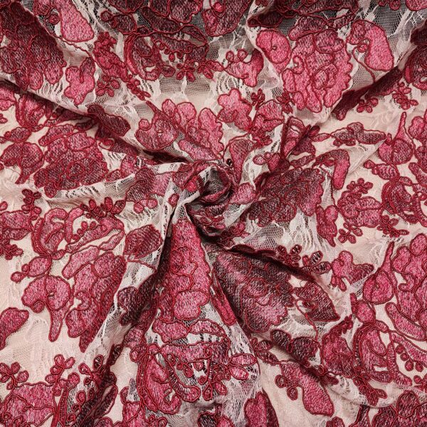 Tessuto Pizzo ricamato motivo floreale beige - bordeaux