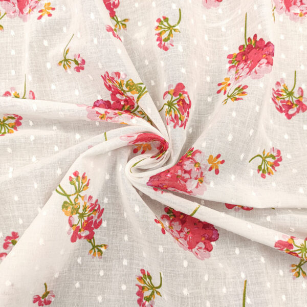 Tessuto Plumetis puro cotone a fantasia motivo floreale bianco - rosa - corallo