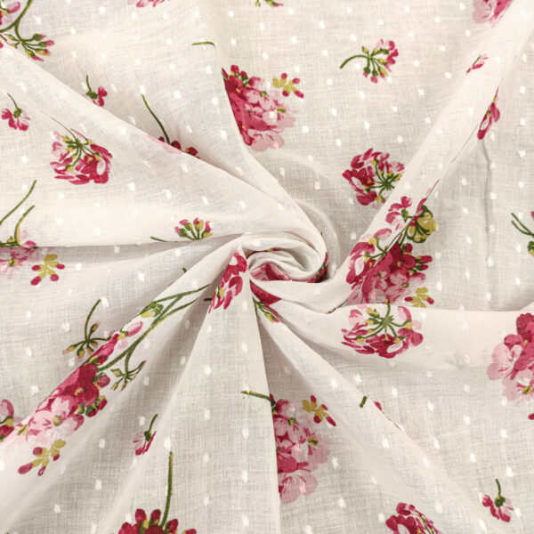 Tessuto Plumetis puro cotone a fantasia motivo floreale bianco - rosa - geranio