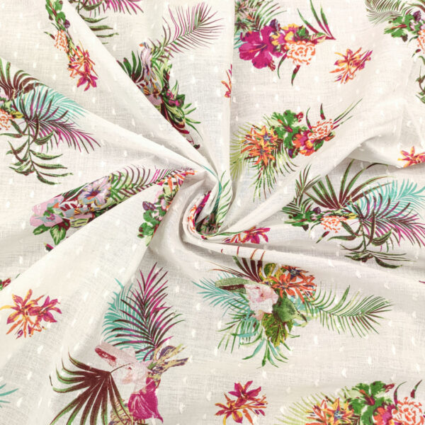 Tessuto Plumetis puro cotone a fantasia motivo floreale bianco - verde - magenta