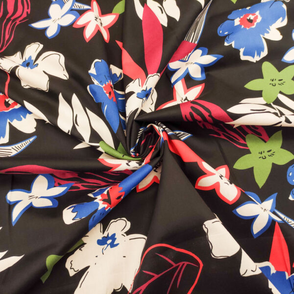 Tessuto Popeline di cotone a fantasia motivo floreale nero - blu elettrico - verde