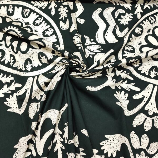 Tessuto Popeline di cotone a fantasia motivo astratto nero - panna