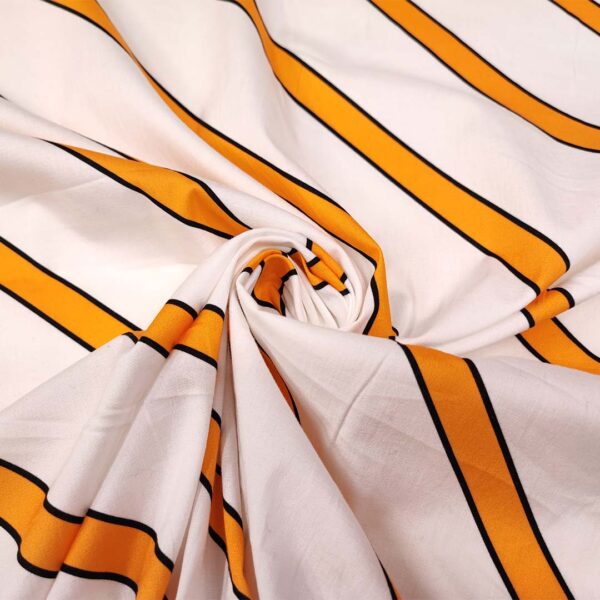 Tessuto Popeline di cotone a fantasia motivo rigato bianco - arancione - nero
