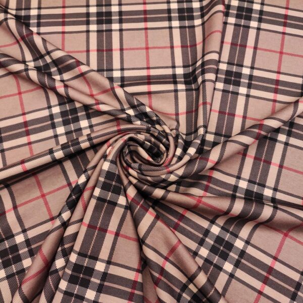 Tessuto Punto Milano a fantasia motivo quadri cammello - nero - rosso