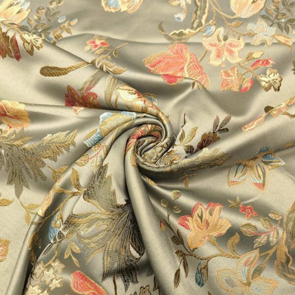 Tessuto Raso damascato per arredo motivo floreale verde - azzurro - oro