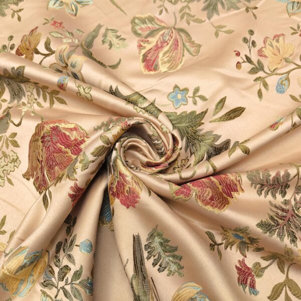 Tessuto Raso damascato per arredo motivo floreale rosa - verde - bordeaux
