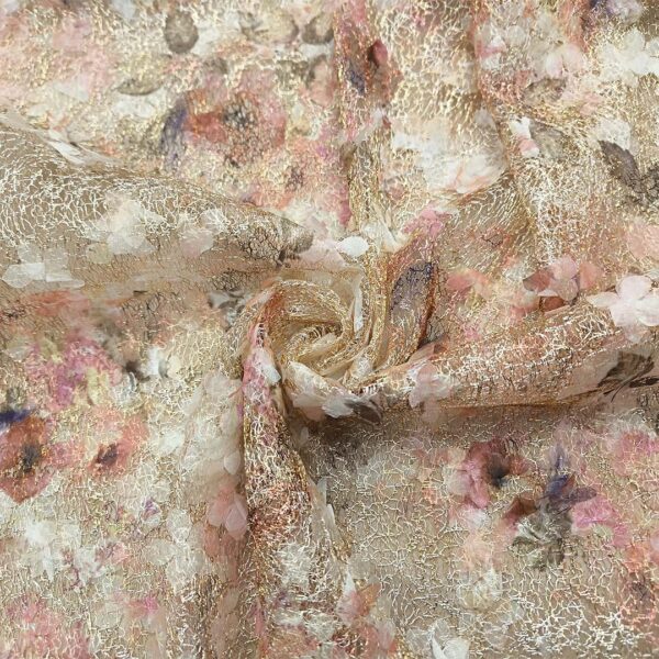 Tessuto Rete ricamato con fiori rosa - oro