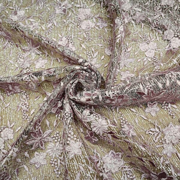 Tessuto Rete ricamato motivo floreale rosa antico - argento