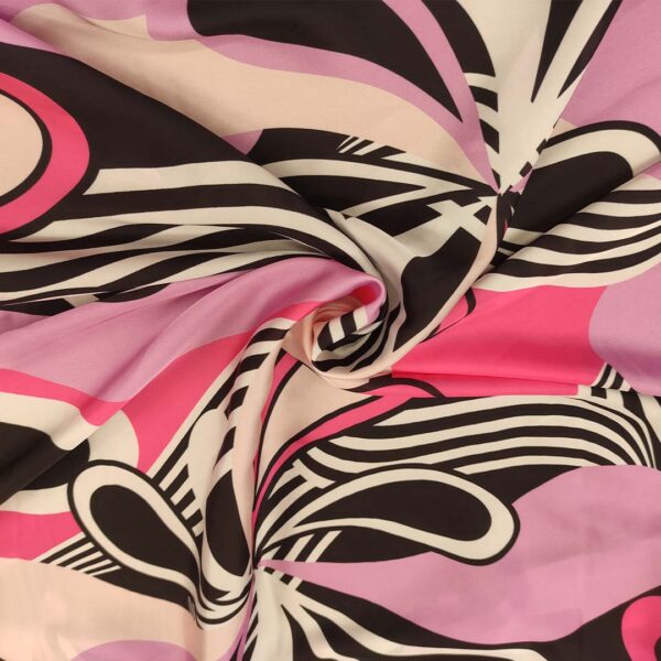 Tessuto Satin a fantasia motivo astratto bianco - nero - glicine