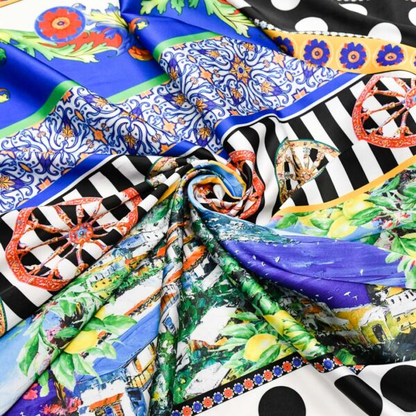 Tessuto Satin a fantasia motivo astratto blu elettrico - giallo - nero