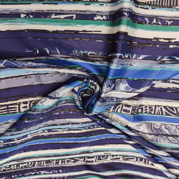 Tessuto Satin a fantasia motivo astratto blu navy - perla - tiffany