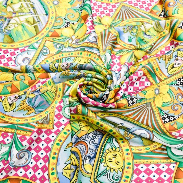 Tessuto Satin a fantasia motivo astratto giallo - fucsia - verde