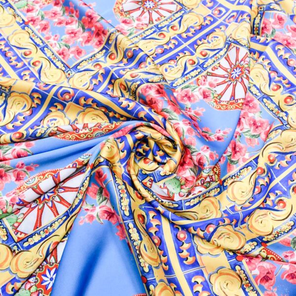 Tessuto Satin a fantasia motivo astratto giallo - turchese