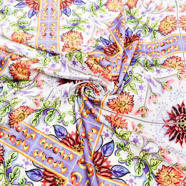 Tessuto Satin a fantasia motivo astratto lilla - giallo - rosso