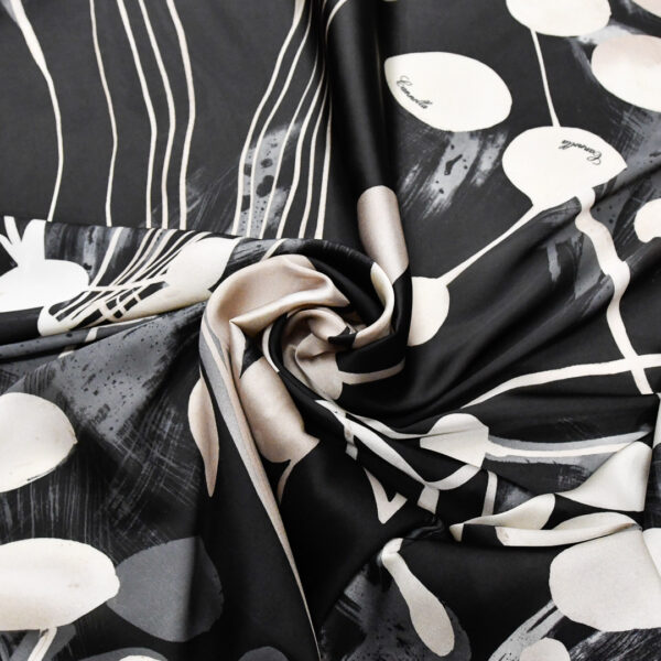 Tessuto Satin a fantasia motivo astratto nero - beige - grigio