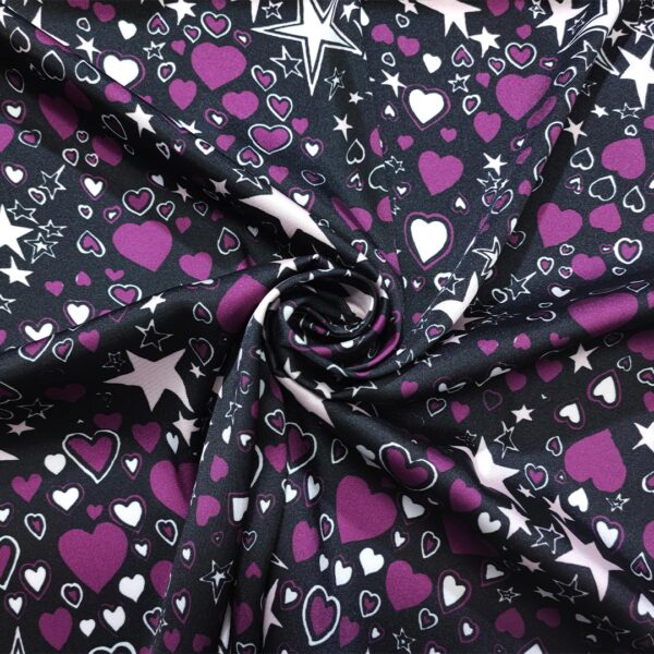 Tessuto Satin a fantasia motivo astratto nero - bianco - ciclamino