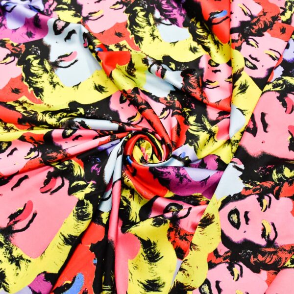 Tessuto Satin a fantasia motivo astratto fucsia - nero - giallo