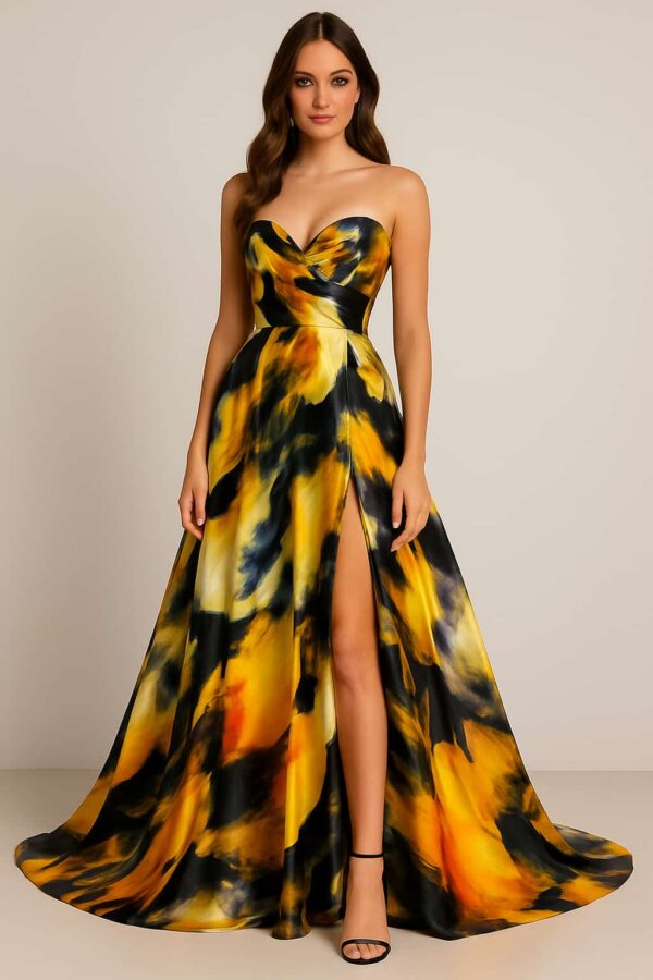 Tessuto Satin a fantasia motivo astratto nero - giallino - arancio