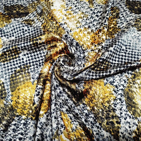 Tessuto Satin a fantasia motivo astratto nero - giallo - bianco