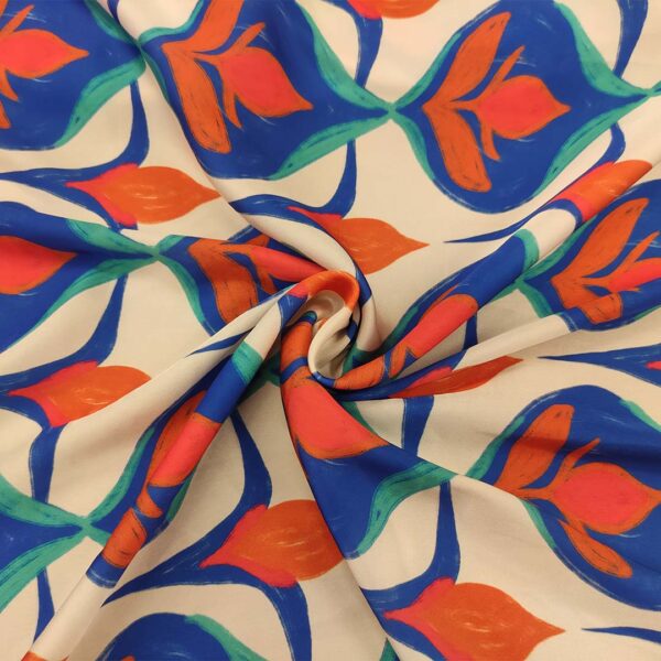 Tessuto Satin a fantasia motivo astratto arancio - panna - blu elettrico