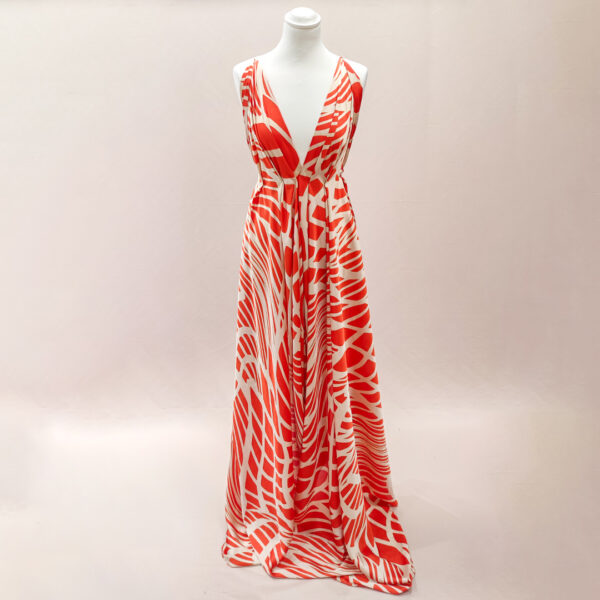 Tessuto Satin a fantasia motivo astratto panna - arancione