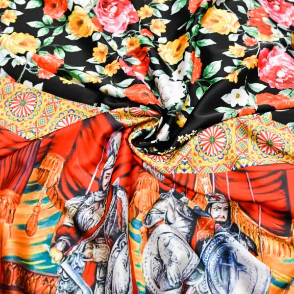 Tessuto Satin a fantasia motivo astratto rosso - nero