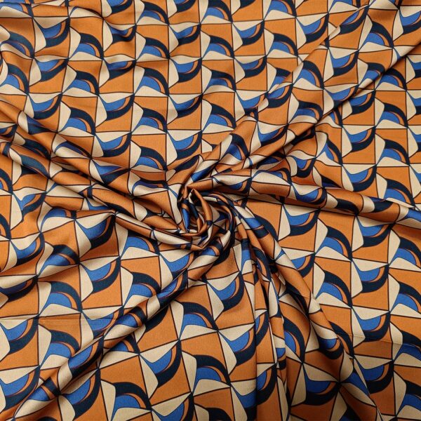 Tessuto Satin a fantasia motivo astratto ruggine - blu - beige