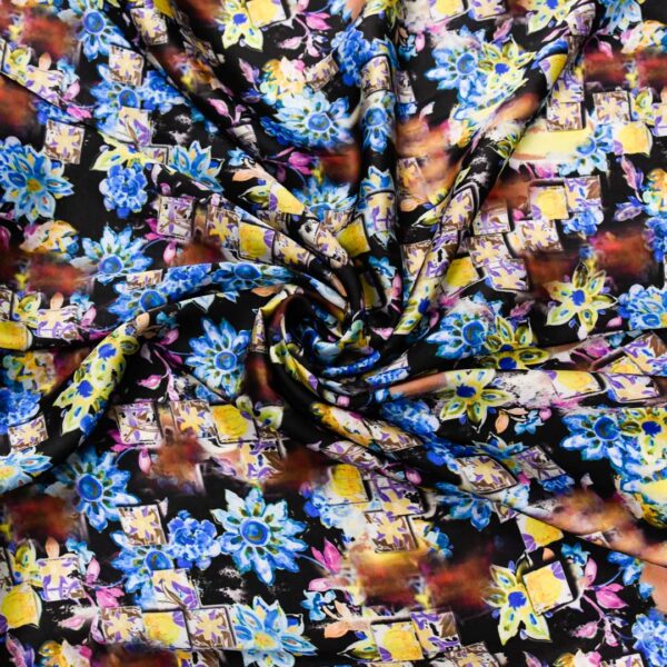 Tessuto Satin a fantasia motivo astratto turchese - marrone - nero