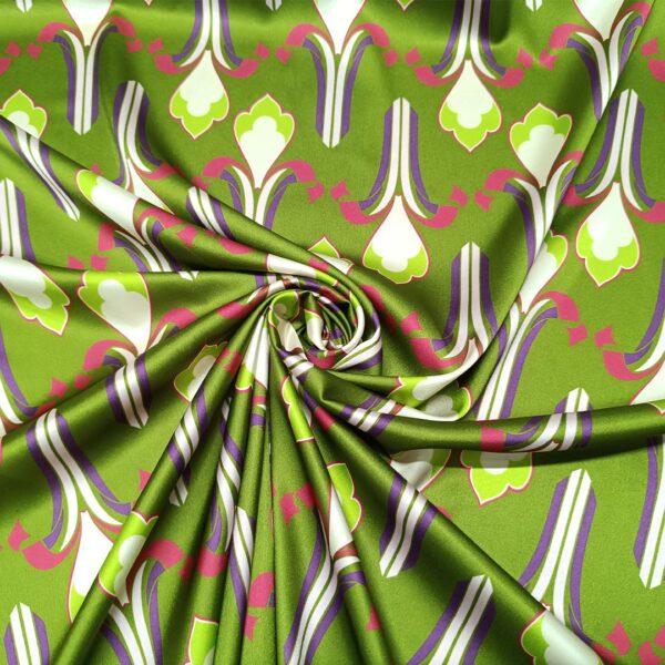 Tessuto Satin a fantasia motivo astratto verde acido - fucsia - bianco