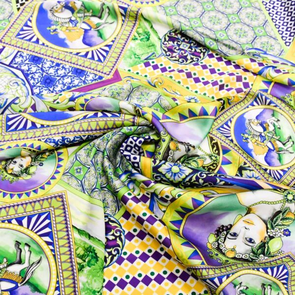 Tessuto Satin a fantasia motivo astratto viola - verde - giallo