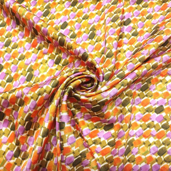 Tessuto Satin a fantasia motivo astratto viola - arancione - verde