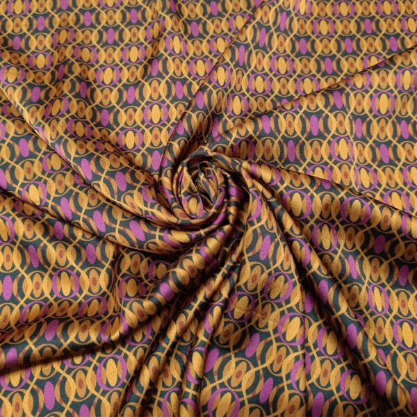 Tessuto Satin a fantasia motivo astratto viola - ocra - ruggine