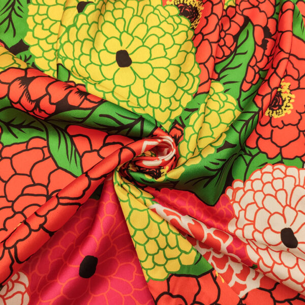 Tessuto Satin a fantasia motivo floreale arancio - verde - giallo