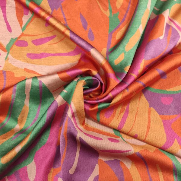 Tessuto Satin a fantasia motivo floreale arancione - viola - verde