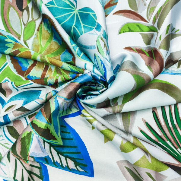 Tessuto Satin a fantasia motivo floreale azzurro - verde - marrone