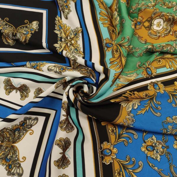 Tessuto Satin a fantasia motivo floreale barocco blu elettrico - oro - nero