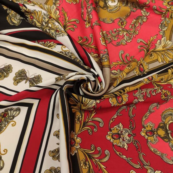 Tessuto Satin a fantasia motivo floreale barocco bordeaux - oro - nero