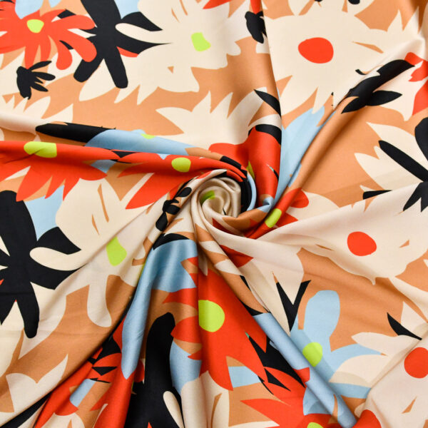 Tessuto Satin a fantasia motivo floreale beige - rosso - celeste