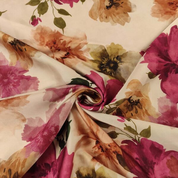 Tessuto Satin a fantasia motivo floreale beige - verde acido - lampone