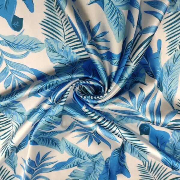 Tessuto Satin a fantasia motivo floreale bianco - azzurro