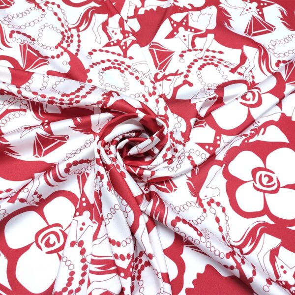 Tessuto Satin a fantasia motivo floreale bianco - rosso