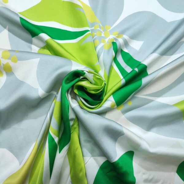 Tessuto Satin a fantasia motivo floreale bianco - verde - grigio
