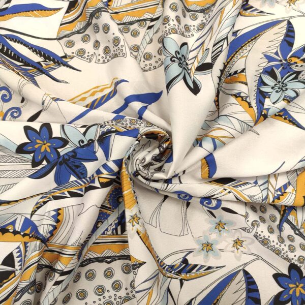 Tessuto Satin a fantasia motivo floreale blu - bianco - senape