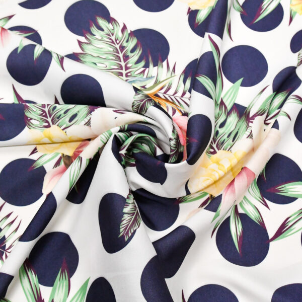 Tessuto Satin a fantasia motivo floreale blu - bianco - giallo